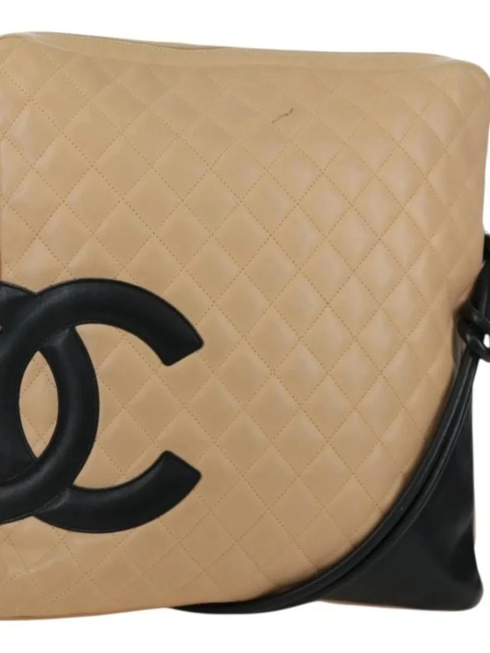 CHANEL Cambon Line Matelasse Shoulder Bag Lamb Skin Beige Black CC Auth am10849V